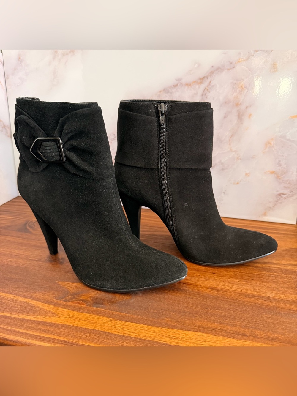 Rampage Black Suede-Look High Heel Ankle Booties with Bow Accent